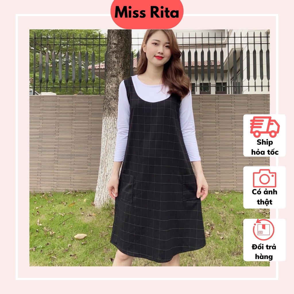 Đầm bầu công sở thiết kế MISS RITA Đầm bầu mùa đông tay dài dạng yếm kẻ caro to liền áo dài tay trắng