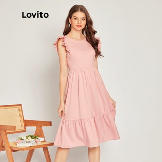 Boho trơn cổ tròn xếp lớp tay áo Ruffle Hem nữ Váy Lovito L33LD051 (Hồng)