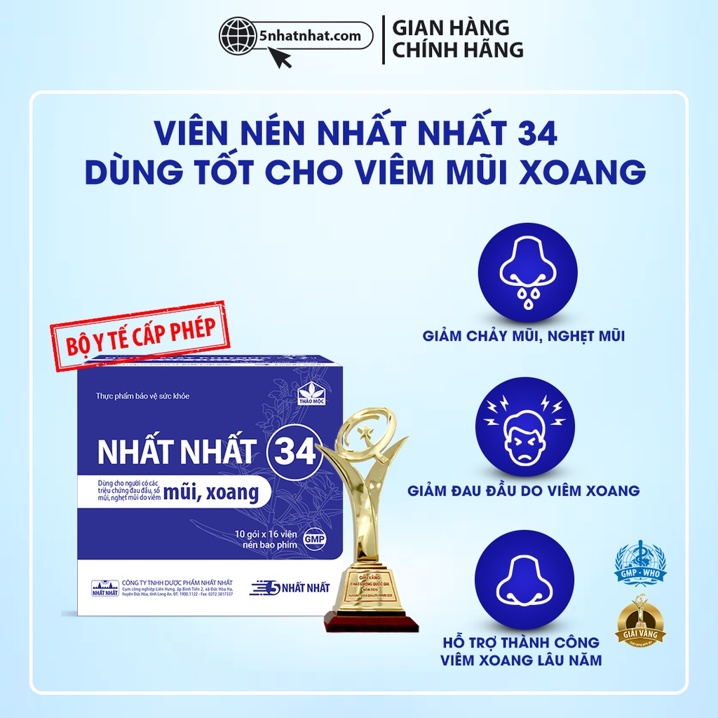 Viên Xoang - Nhất Nhất 34 - Giảm chảy mũi, Nghẹt mũi, Đau đầu do viêm mũi xoang, dùng cho Viêm xoang cấp và mạn tính