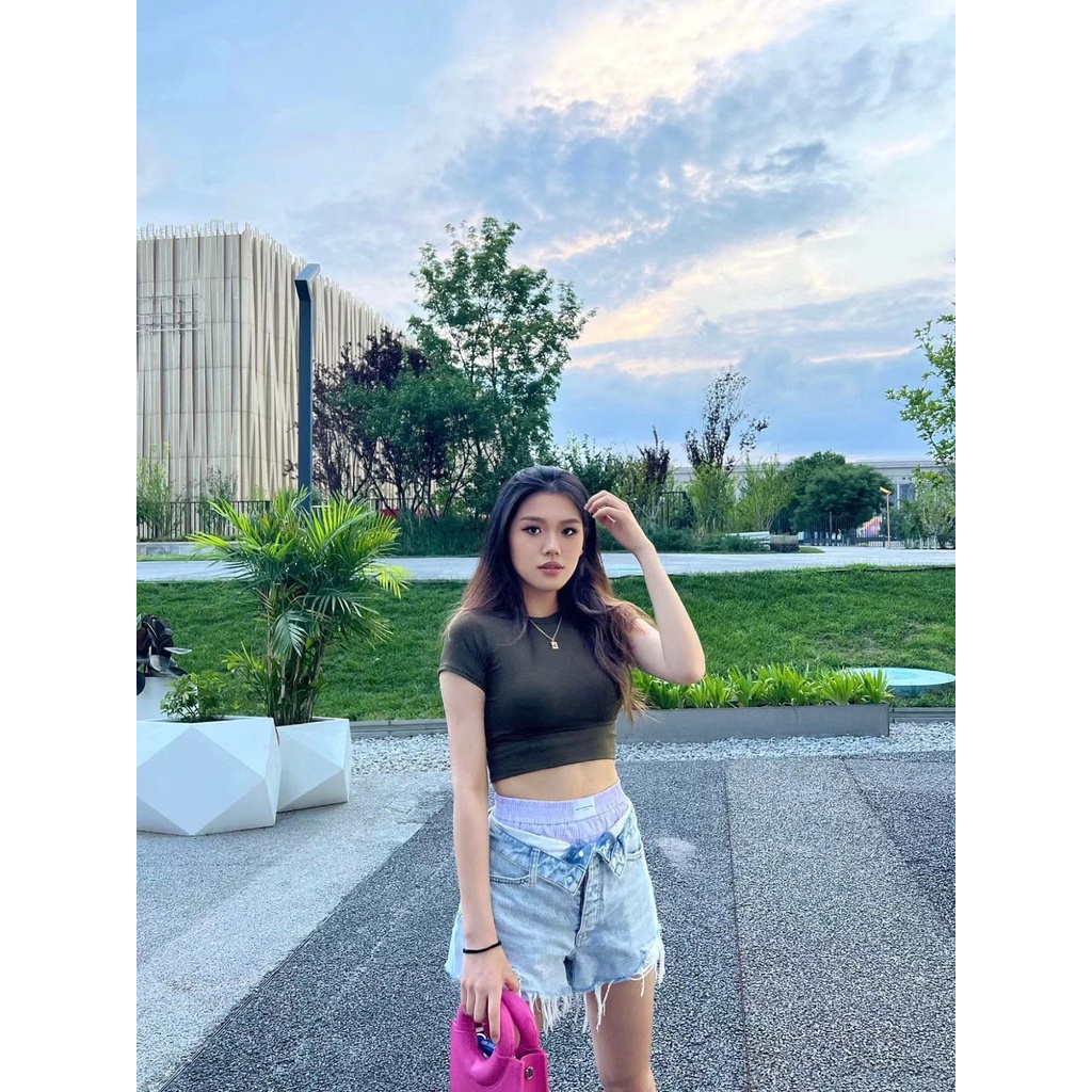 Ruffian and young style 2022 early autumn denim shorts loose hollow-out fake two-piece stitching high waist pants trendy ins2022