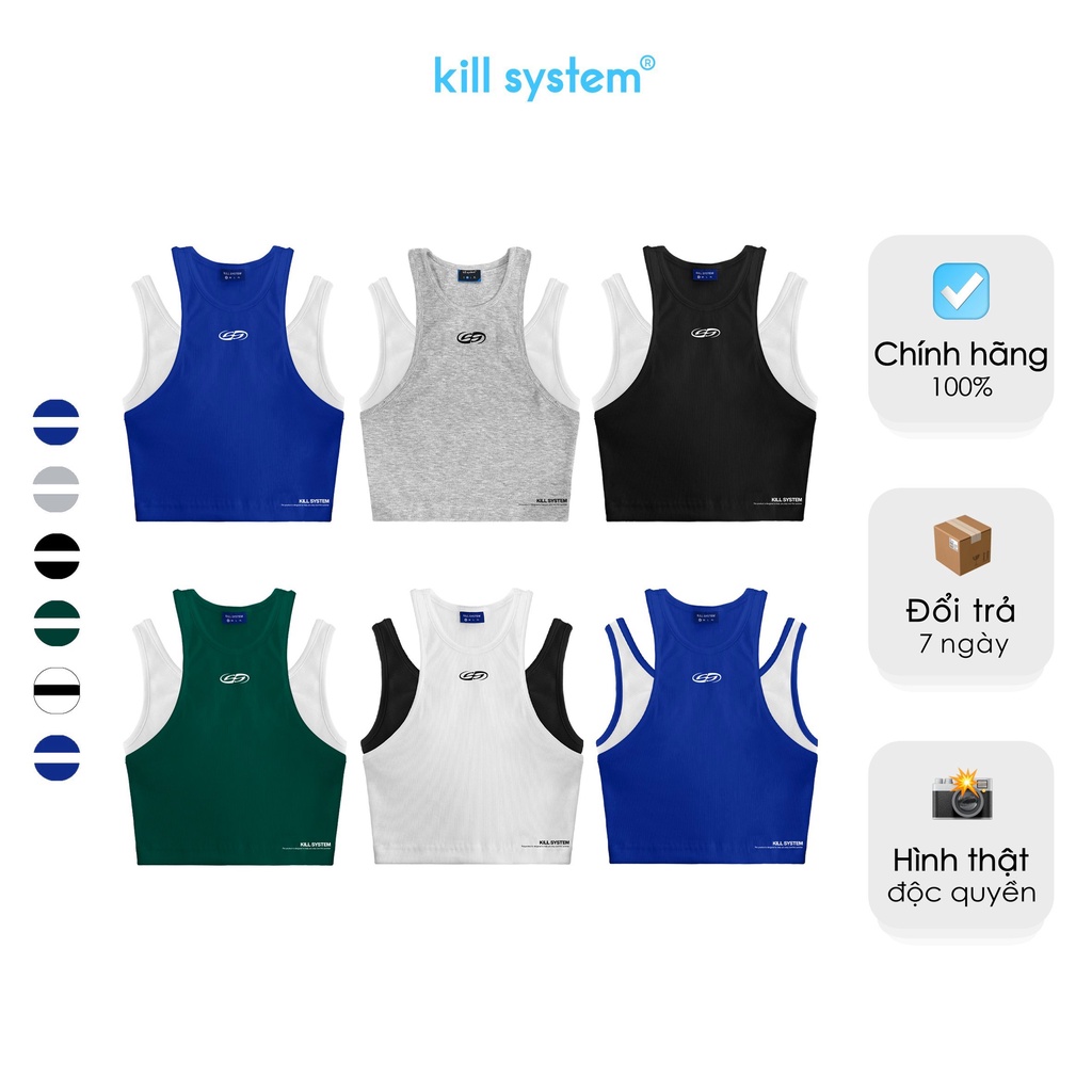 Áo thun croptop ba lỗ y2k khoét vai tay phối màu SS trơn giả hai áo, thun co giãn nhiều màu KillSystem