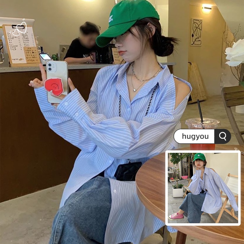 Áo Sơ Mi Nữ Kẻ Sọc Dài Tay Hở Vai Thời Trang Hàn Quốc