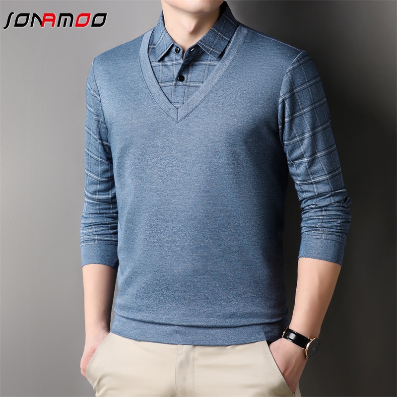 Áo Thun Nam Dài Tay Cổ Bẻ Giả Hai Lớp Màu Sắc Thời Trang