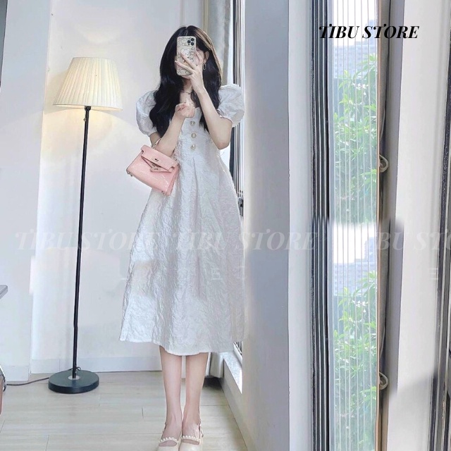 Đầm Dự Tiệc Cổ Vuông Tay Phồng Phối Nút Ulzzang TIBU, Váy Nữ Xoè Dáng Dài Chất Xốp Gấm Cao Cấp Cực Xinh