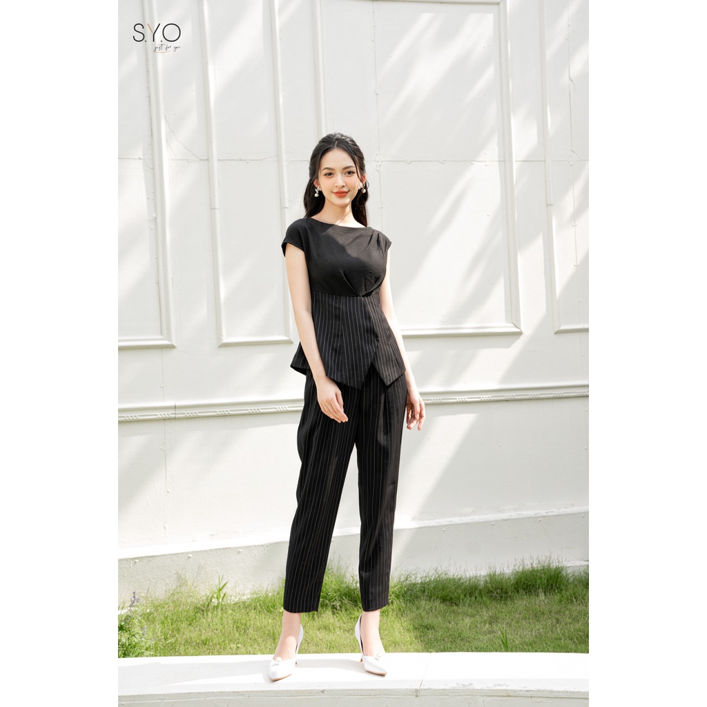 SYO- ÁO PEPLUM PHỐI KẺ , LỆCH VAI - ĐEN KẺ A2035-22