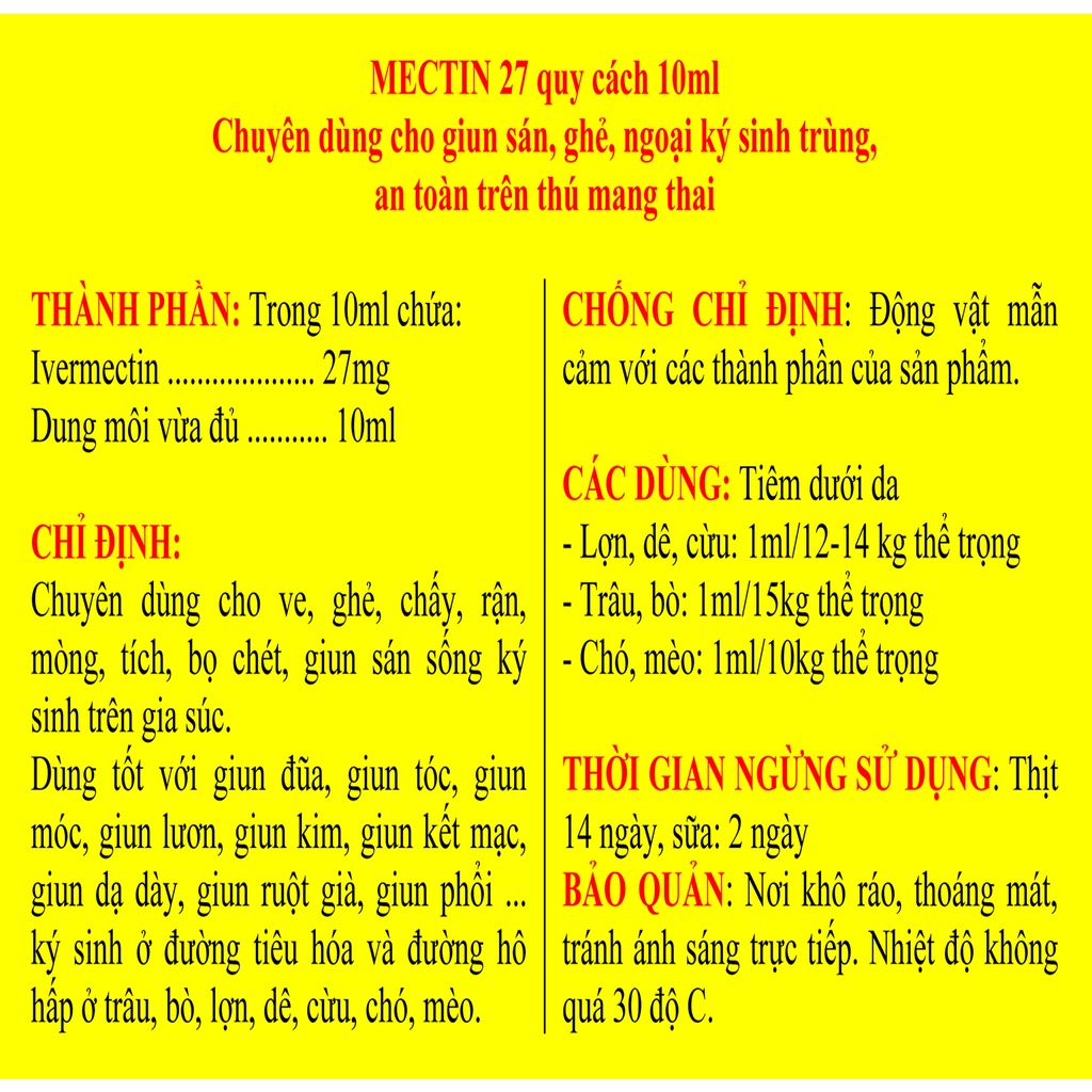 MECTIN 27 lọ 10ml Chuyên dùng cho gia súc, trâu, bò, lợn, chó, mèo, thỏ