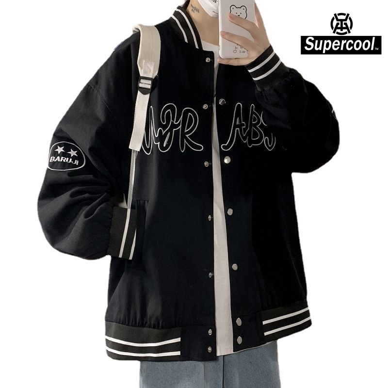 #SupercooL# Áo Khoác Nỉ Bóng Chày Cardigan Nam Form Rộng Dài Tay Cao Cấp Giữ ấm Vải Thoáng Phong Cách Hàn Quốc Thu đông Thêu Chữ Streetwear In Chạy Bộ Thể Dục Bóng Rổ Thời Trang đen