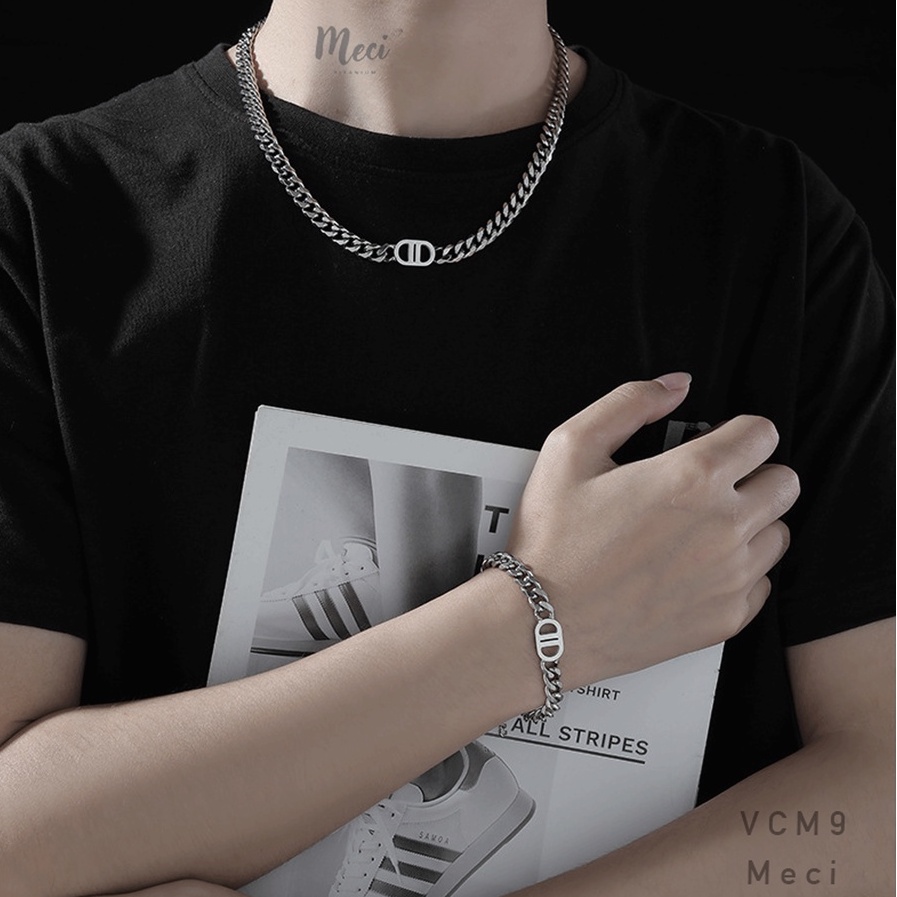 Set lắc tay và dây chuyền nam nữ thép titan không gỉ mắt xích chữ B phong cách unisex, độc đáo | MECI TITANIUM VCM9 VTM4
