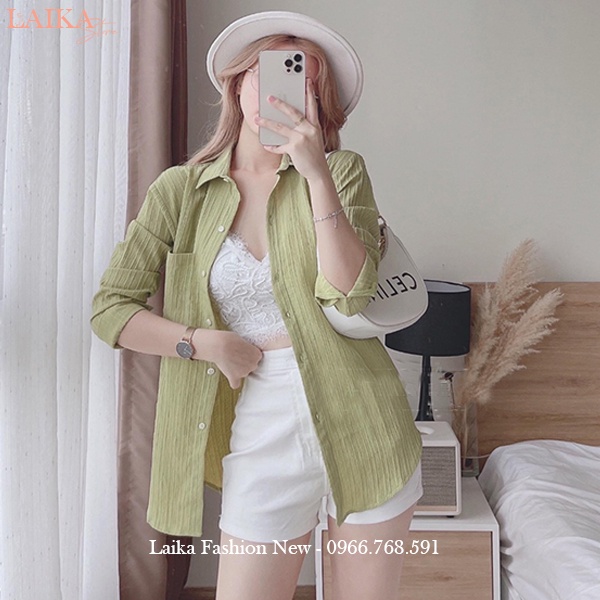 Áo sơ mi nữ kiểu form rộng tay dài đi học làm công sở hẹn hò phong cách Hàn Quốc Vintage vải xốp gân trơn cao cấp mềm