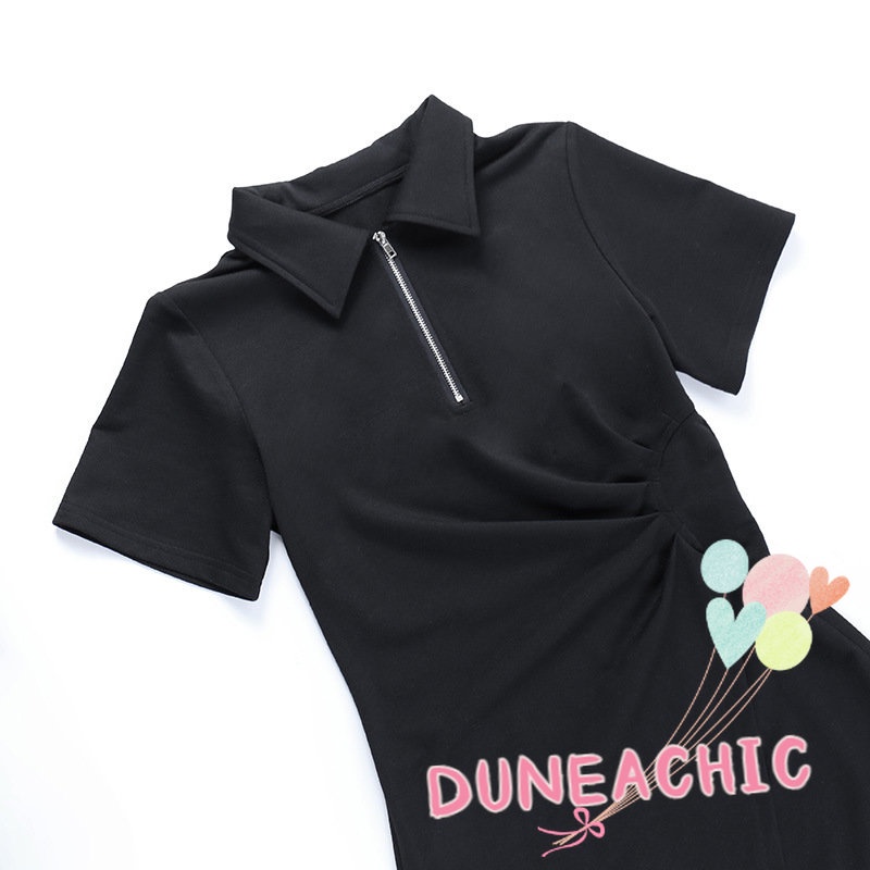 DUNEA Đầm Ngắn Tay Cổ Polo Phối Khóa Kéo Thời Trang Cho Nữ