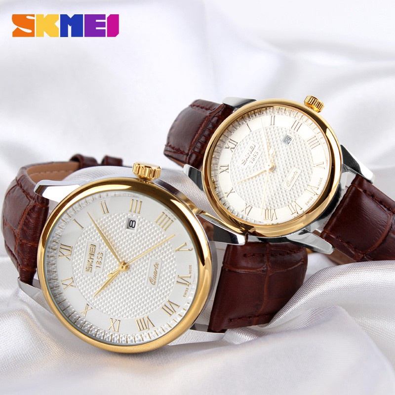 Đồng hồ đôi SKMEI 9058 dây da cao cấp, chống nước tuyệt đối,sang trọng,phong cách cổ điển,BH 12 th
