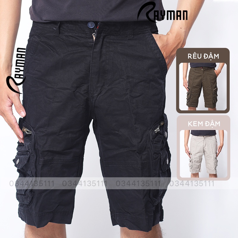 Quần Sort Kaki Nam Túi Hộp RAYMAN Quần Short Lửng Ngắn Màu Đen, Kem, Xanh Rêu