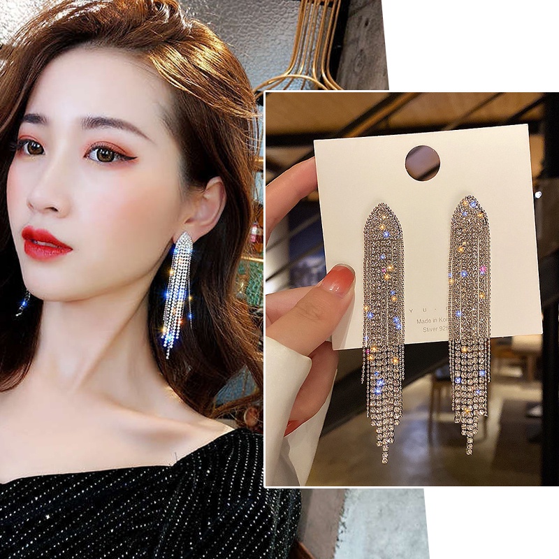 Bông Tai Mạ Bạc 925 Dáng Dài Đính Đá Pha Lê Phối Tua Rua Thời Trang Cổ Điển