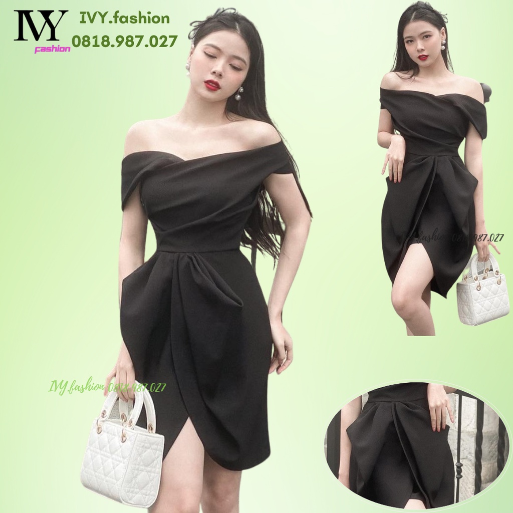Đầm trễ vai tà chéo 🔥tuyết mưa cao cấp🔥 ôm body bèo eo cúp ngực đen ivy.fashion đi biển dự tiệc dạo phố bigsize gợi cảm