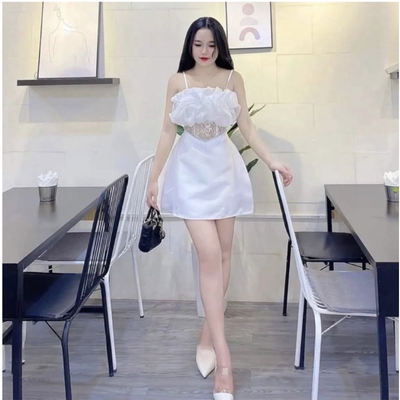 ĐẦM DỰ TIỆC 2 DÂY BÈO PHỐI LƯỚI REN EO