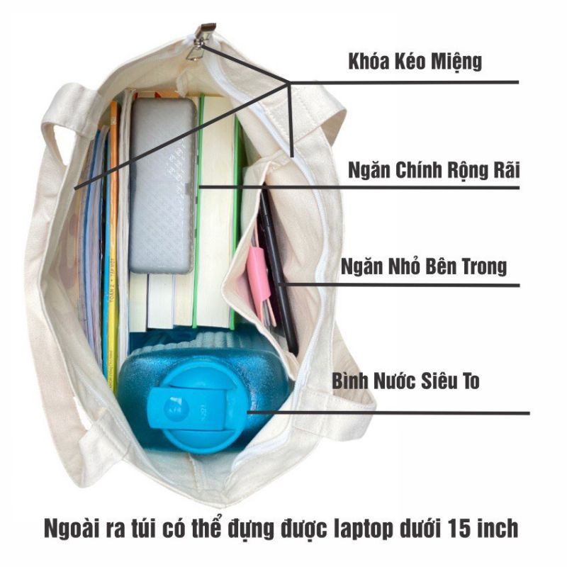 Túi tote vải canvas ulzzang unisex đi học đi làm có khoá miệng, có ngăn phụ in chữ SUN SET màu be
