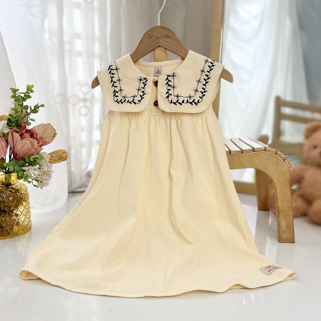 V043_Váy thuỷ thủ màu kem thêu hoạ tiết lá cho bé gái từ 1 đến 11 tuổi