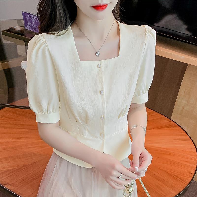 Áo Kiểu Chiffon Ngắn Tay Cổ Vuông Phong Cách Pháp