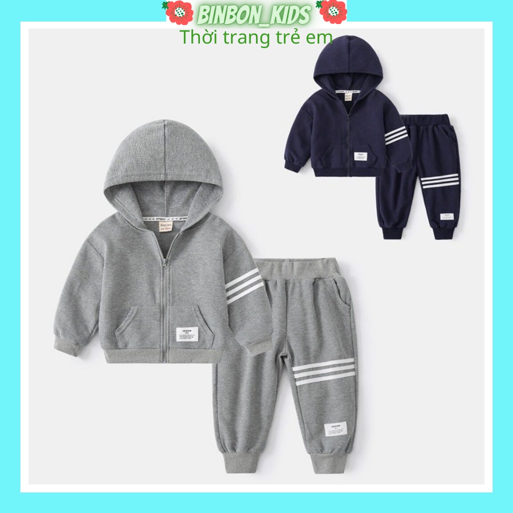 Bộ Nỉ Dài Tay Cho Bé, Bộ thu đông cho bé trai 3 Vạch Chất Thun Tổ Ong Có Mũ Cực Xinh Cho Bé từ 7-28kg