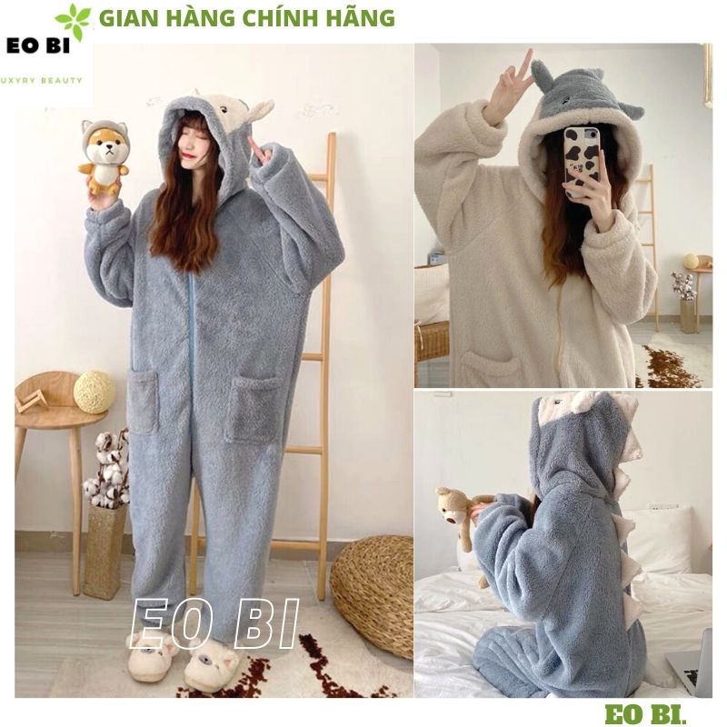 Bộ ngủ lông KHÙNG LONG LIỀN THÂN, Đồ mùa Đông mặc nhà Ullzang phong cách Hàn Quốc, Lông cừu giữ nhiệt dày dặn - EOBI