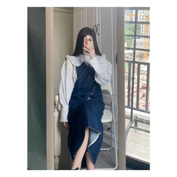 Váy yếm jean hai dây denim mặc 2 kiểu đa năng đeo chéo áo sơ mi cổ búp bê
