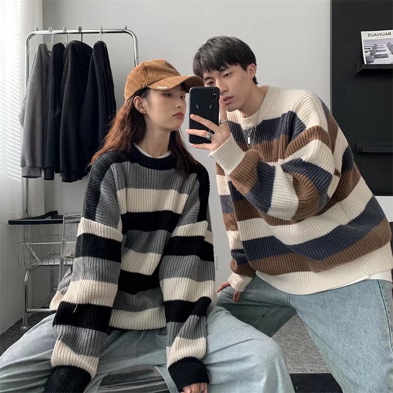 Áo Len Nam Dài Tay Cổ Tròn Sọc Ngang Thời Trang áo len kiểu hàn quốc đơn giản áo len nam cặp đôi áo sweater dệt kim áo sweater nữ form rộng