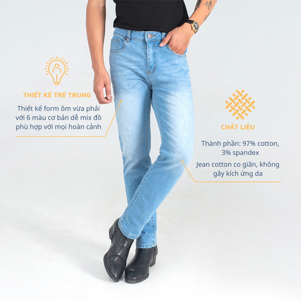 Quần Jean Nam H90, Ống Côn Dáng Ôm Slimfit, Chất Bò Co Giãn Vận Động Thoải Mái, Vải Mềm Mịn, Bền Màu TRJ006