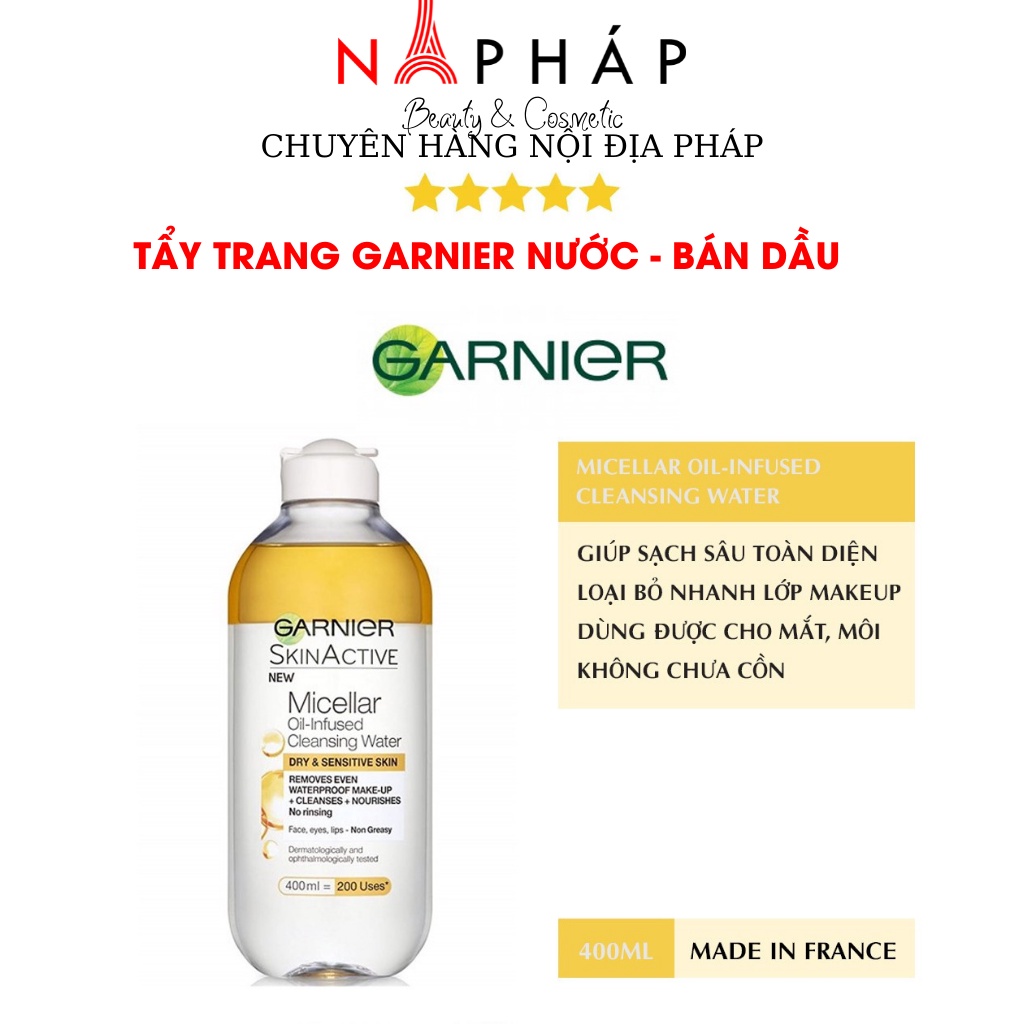 Tẩy Trang Garnier Vàng, Xanh, Hồng, Trắng 400ml Dạng Nước, Bán Dầu Cho Da Dầu, Hỗn Hợp, Thường, Khô - NA PHÁP