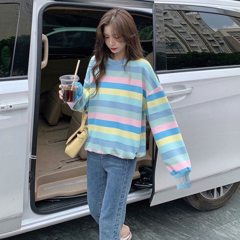 Áo Sweater Tay Dài Dáng Rộng Kẻ Sọc Cầu Vồng Thời Trang Mới 2022 Cho Nữ