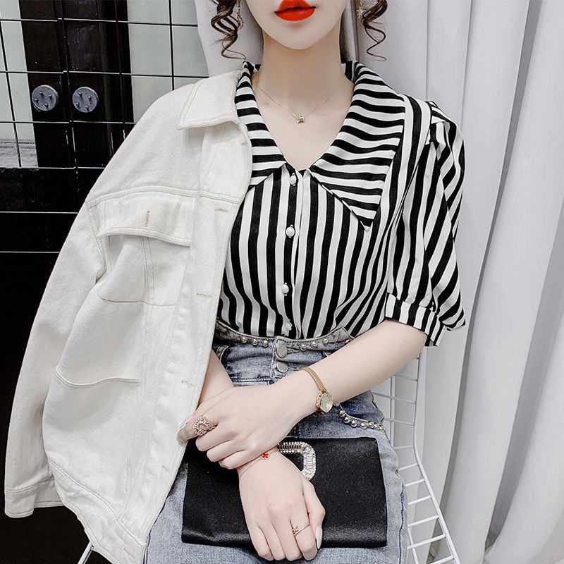 Áo Sơ Mi Chiffon Ngắn Tay Họa Tiết Kẻ Sọc Thời Trang Mùa Hè Phong Cách Hàn Quốc Mới Cho Nữ