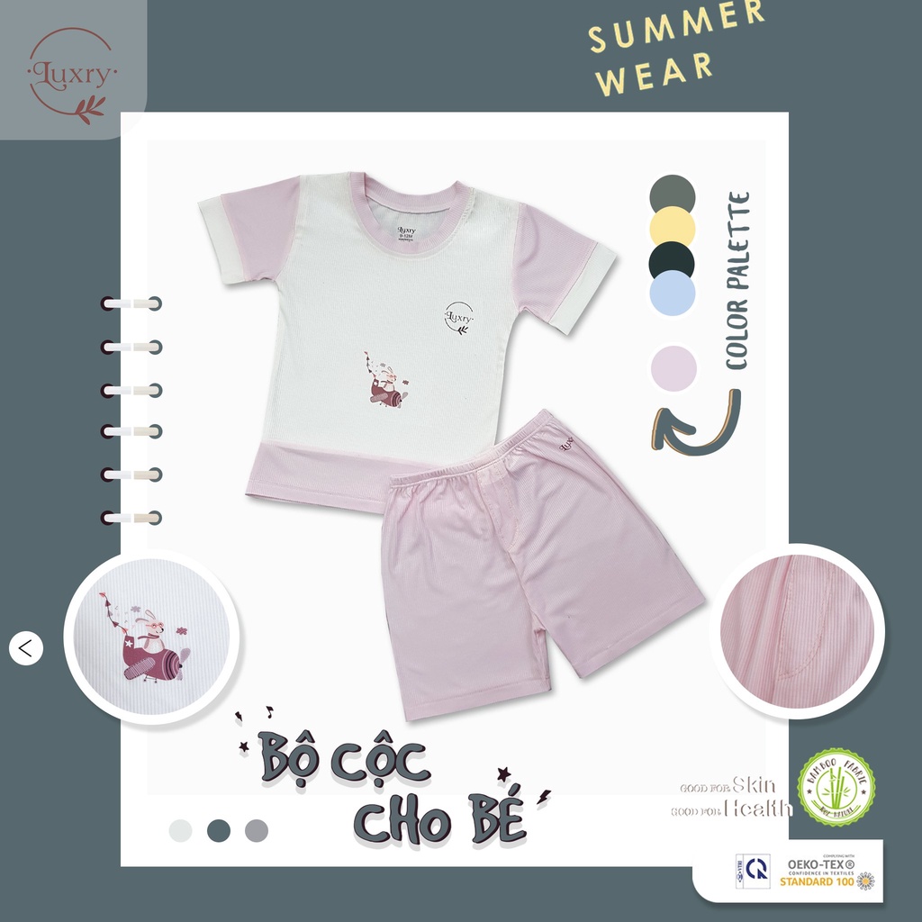 Bộ quần áo cộc cổ tròn gân tăm thương hiệu Luxry đáng yêu cho bé trai, bé gái