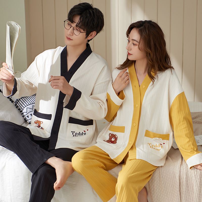 Bộ Đồ Ngủ Tay Dài Vải Cotton Kiểu Hàn Quốc Thời Trang Thu Đông Cho Các Cặp Đô