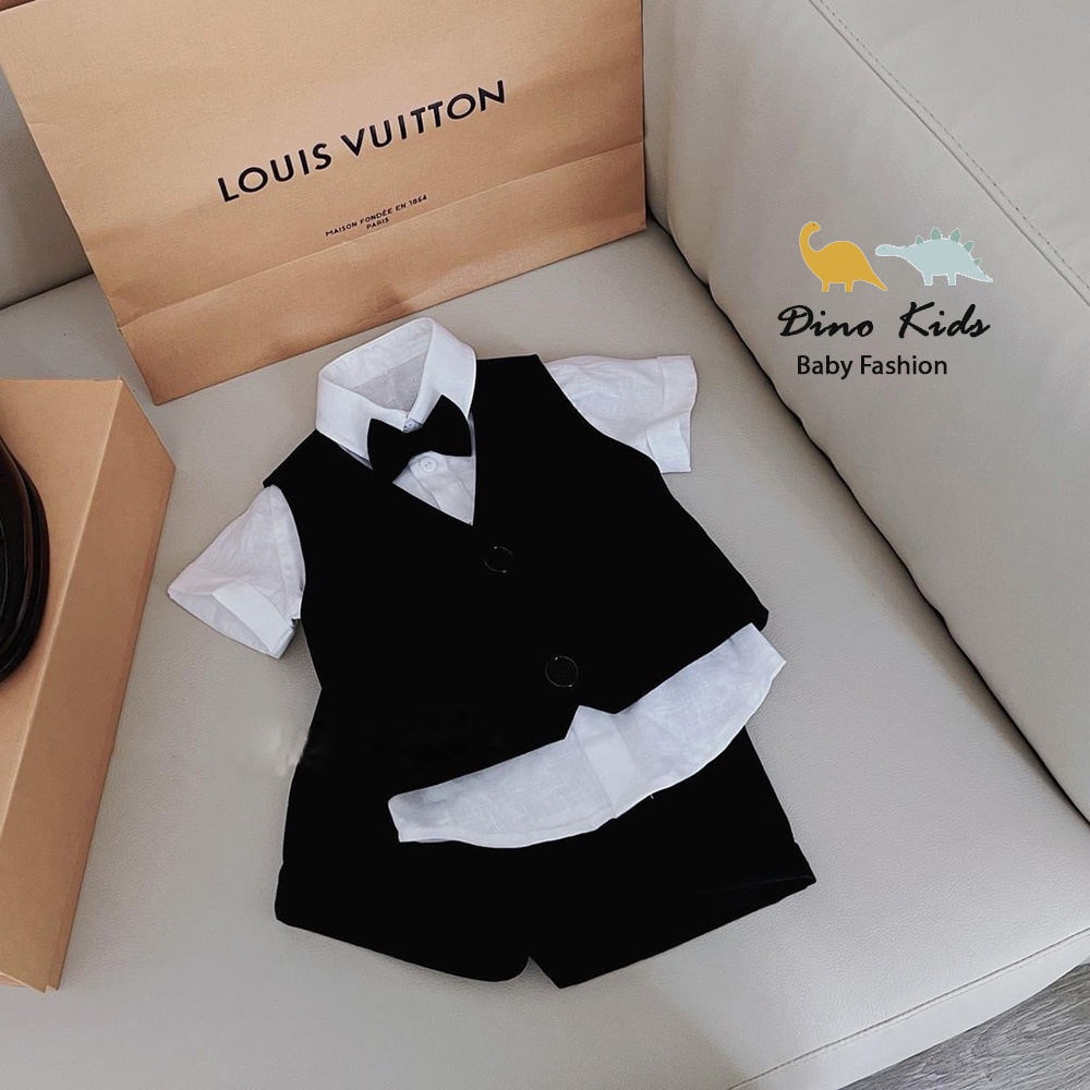 Quần áo bé trai, set 3ct công tử: áo sơ mi trắng chất thô, quần và áo gile chất đũi thấm hút mồ hôi cho bé
