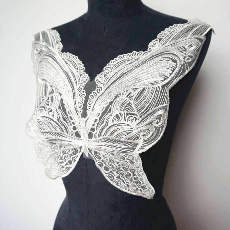 Miếng Vải Lụa Polyester Phối Ren Thêu Hình Bướm Dùng May Đầm DIY