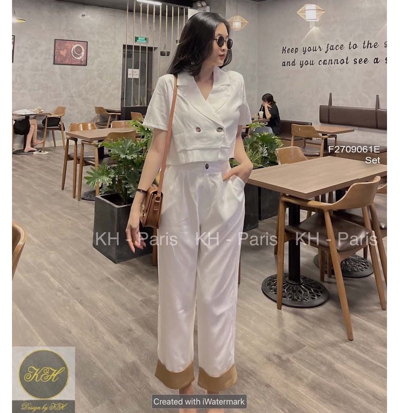 Set áo khoác vest lửng tay ngắn+ quần suông lai phối!