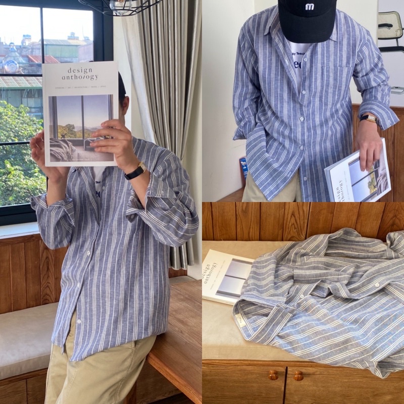 ÁO SƠ MI NAM - HEEBYOHI - Màu Kẻ Xanh Trắng Linen Cao Cấp (heebyohi)