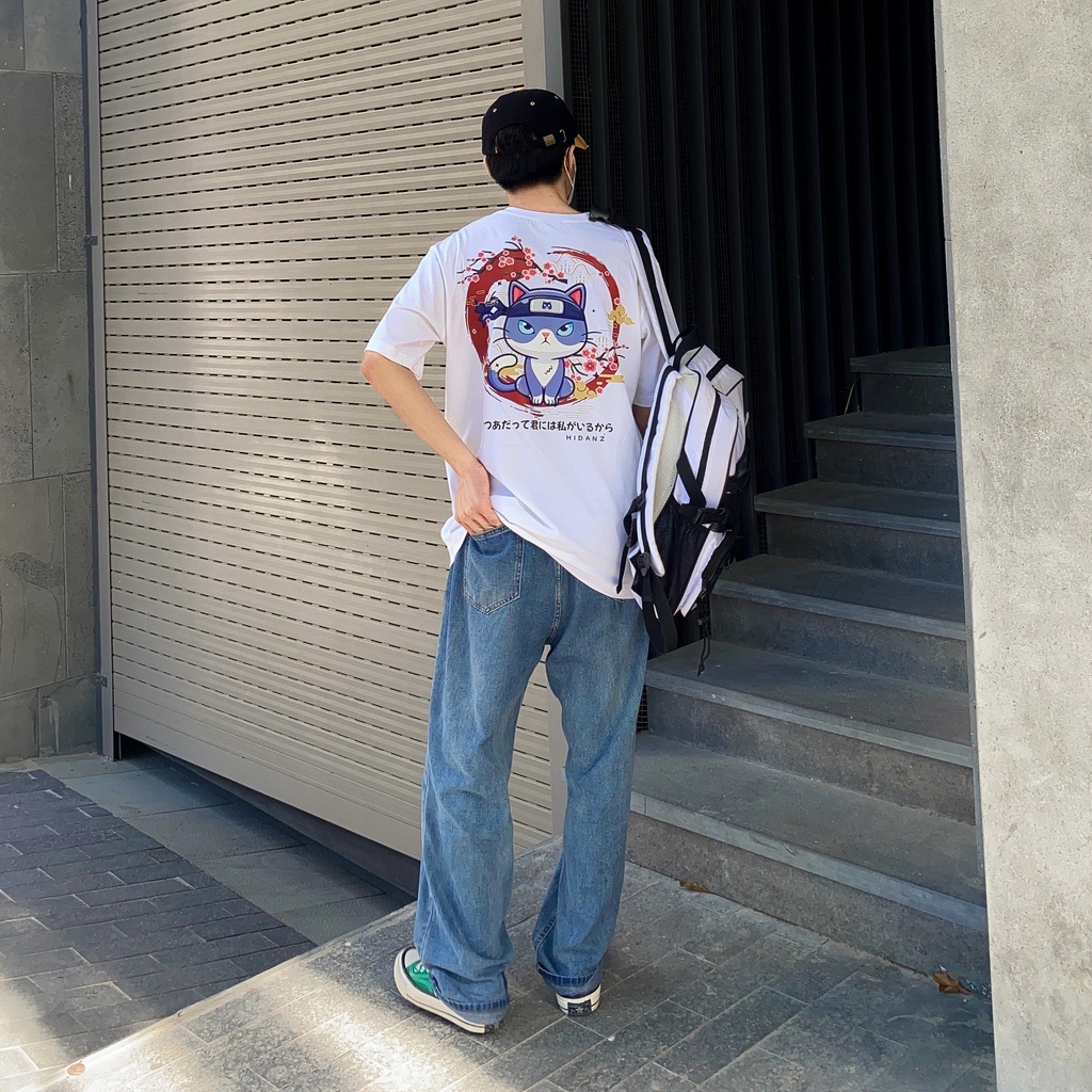 Áo thun Unisex tay lỡ cotton local brand HIDANZ - Sakura Cat