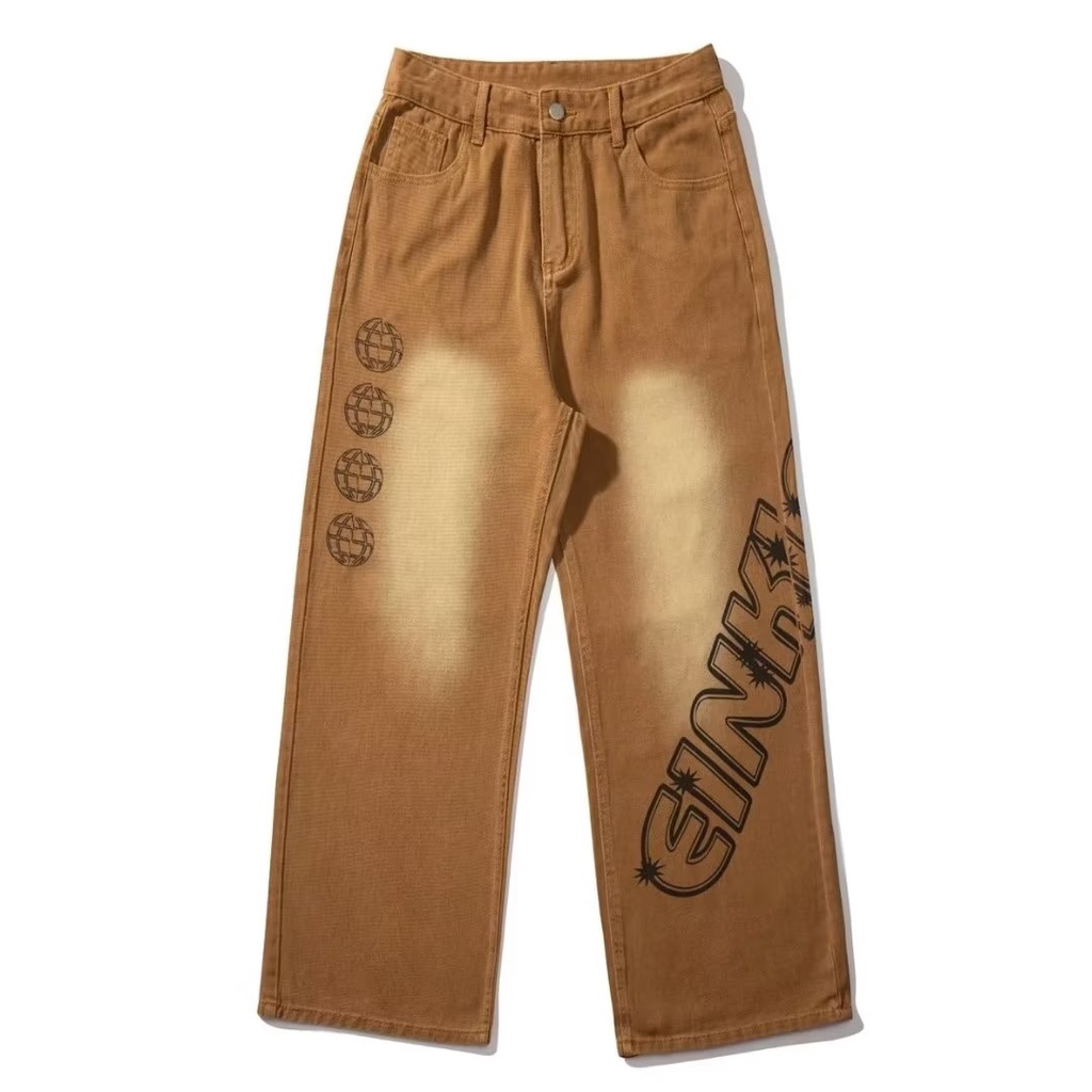 Quần jeans Dài Dáng Rộng In Chữ Phong Cách Thời Trang Nhật Bản Cho Nam Giới Có size Lớn S-3XL