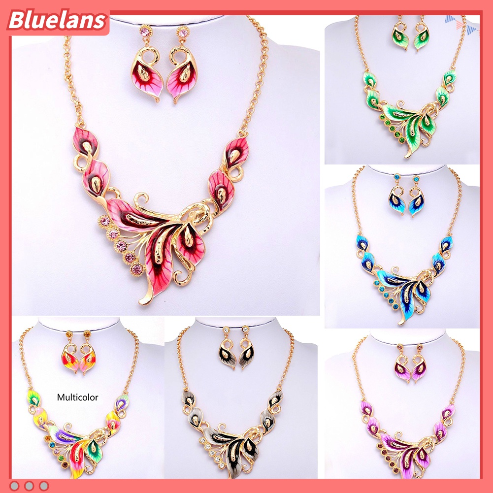 Bộ Vòng cổ + Bông Tai Đính Đá Hình Hoa Tráng Men 48h Cho Nữ