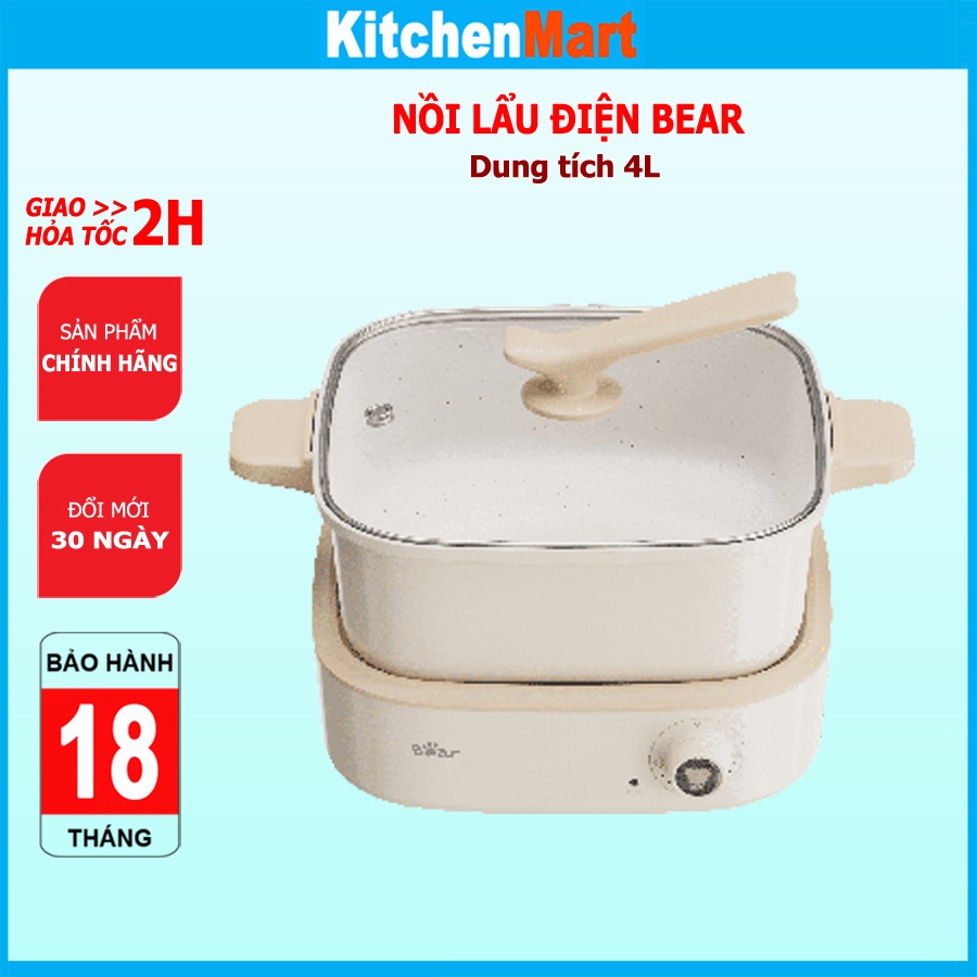 Nồi lẩu điện đa năng Bear 4L 1500W, chống dính cao cấp, nồi đa năng lẩu, nướng, rán, chiên, xào – Hàng chính hãng BH 18T
