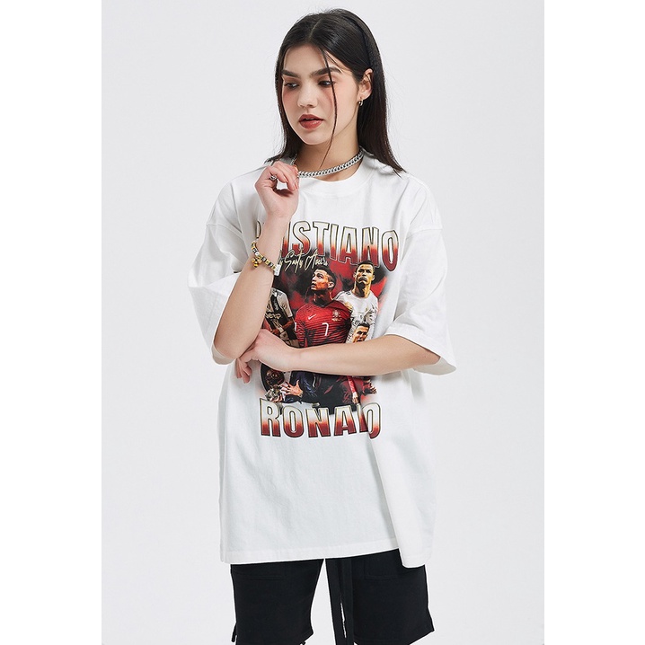 Áo Thun Vintage Ronaldo CR7 Tay Lỡ Unisex - Đen/Trắng Cổ Tròn | Blackwork