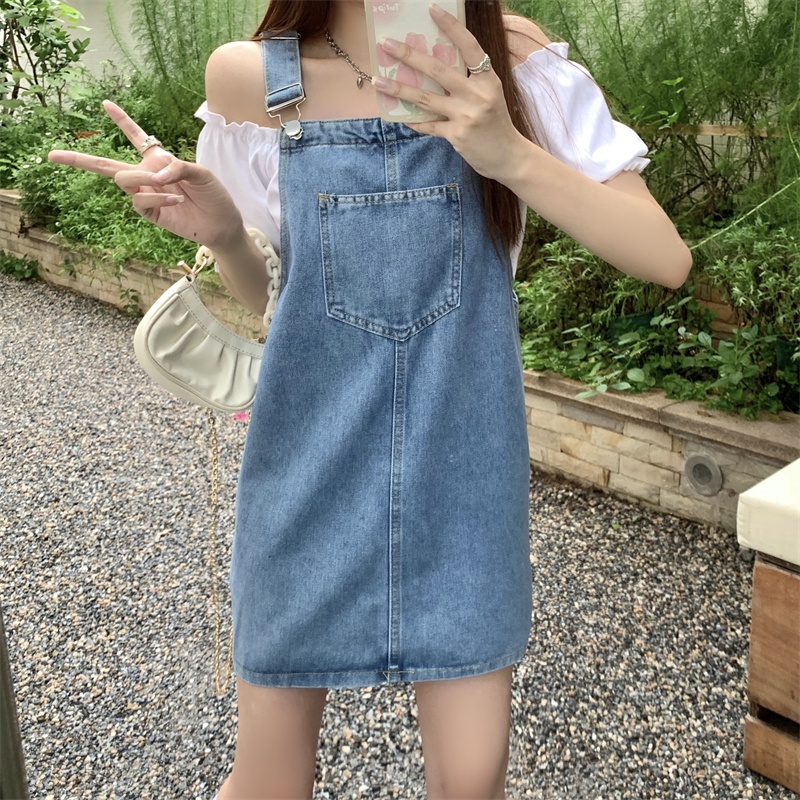Đầm Yếm denim Dáng Rộng Lưng Cao Phong Cách Hàn Quốc Thời Trang Cho Nữ