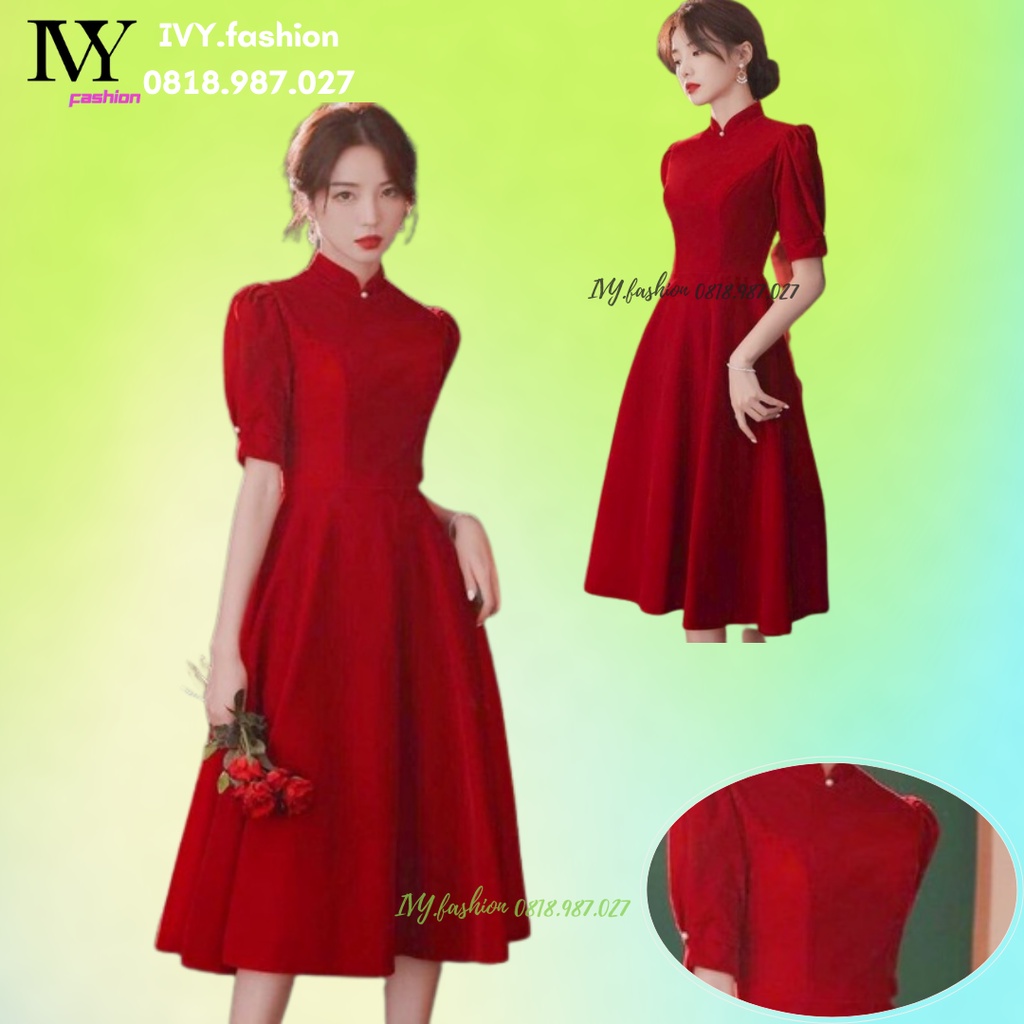 Đầm váy midi đỏ áo dài cách tân cổ tàu 🔥40-65KG 🔥 tuyết thái đỏ cao cấp🔥 Noel Tết tay phồng đi biển dự tiệc bigsize