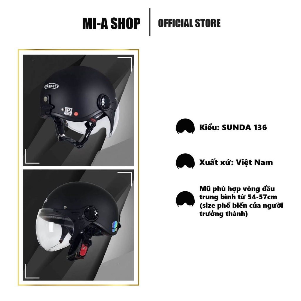 Nón bảo hiểm nửa đầu có kính Sunda 136 chính hãng bảo hành 12 tháng - nhiều màu
