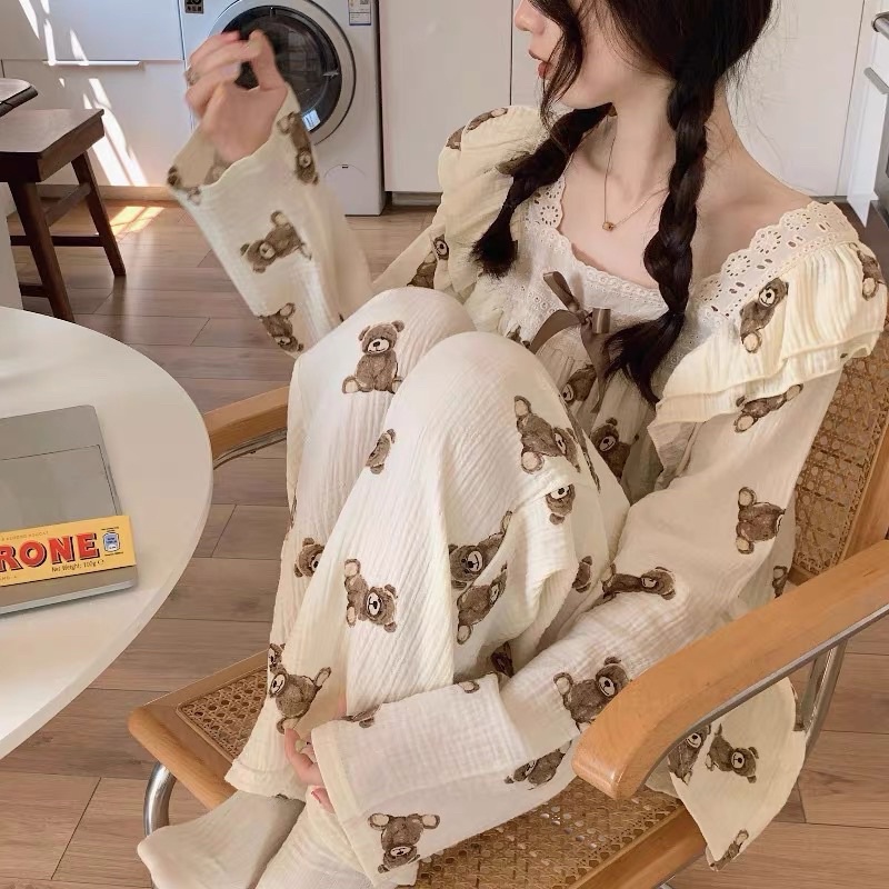 Đầm Ngủ Công Chúa Phối Ren Nơ Hoạ Tiết Gấu Nâu Siêu Dễ Thương