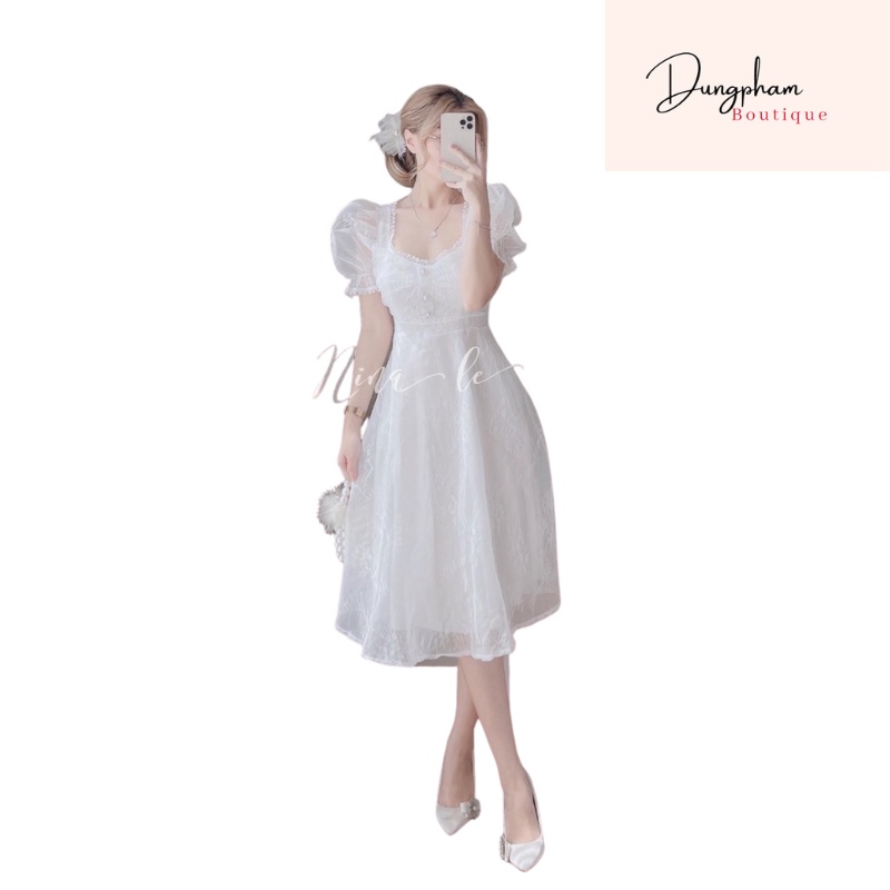 Váy ren nữ vai bồng 2 lớp _ Dungpham Boutique
