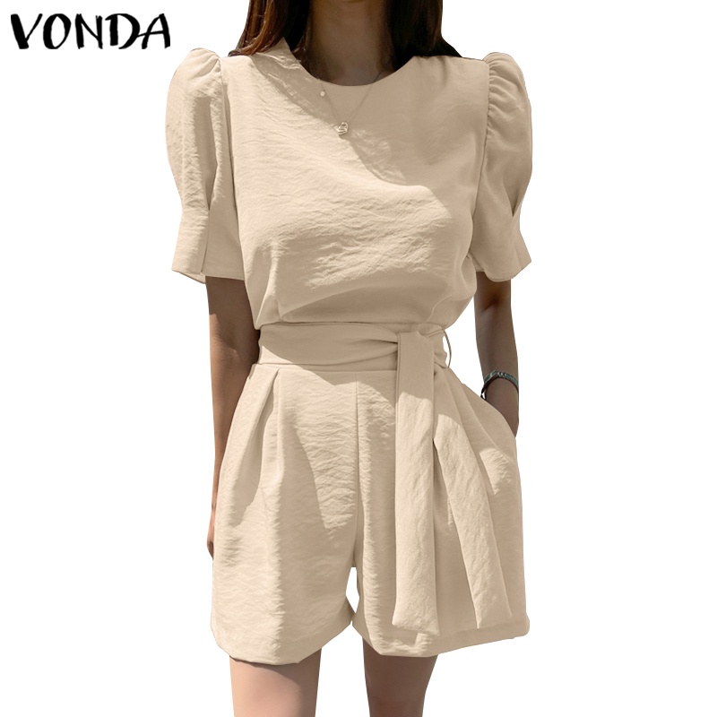 Áo liền quần VONDA ngắn tay phồng cổ tròn màu trơn có thắt lưng phong cách Hàn Quốc cho nữ