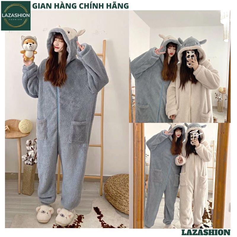 Bộ ngủ lông KHÙNG LONG LIỀN THÂN, Đồ mùa Đông mặc nhà Ullzang phong cách Hàn Quốc, Lông cừu giữ nhiệt dày dặn - LAZASHIO
