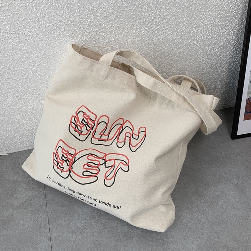 Túi tote vải canvas ulzzang unisex đi học đi làm có khoá miệng, có ngăn phụ in chữ SUN SET màu be