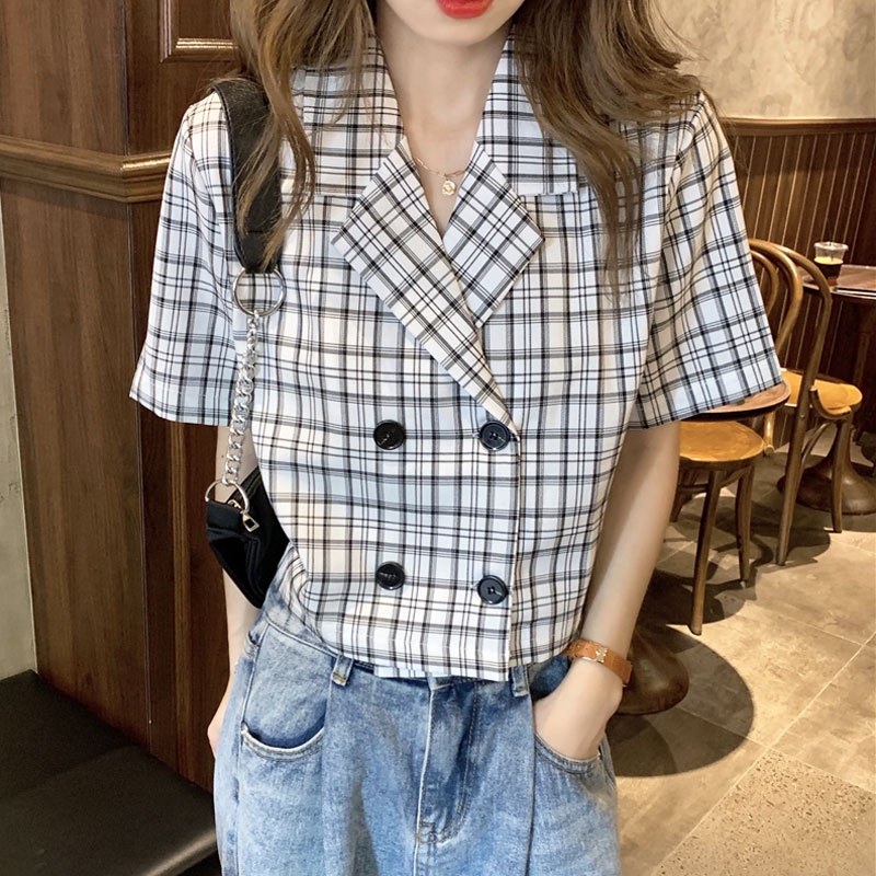 Áo Khoác Blazer Tay Ngắn Họa Tiết Sọc Caro Phong Cách Hàn Quốc